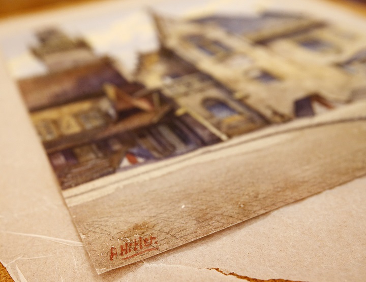 The Wednesday, Nov. 19, 2014 photo shows the signature "A. Hitler" on a picture titled  The Old City Hall that - as the auction house said - was painted by Adolf Hitler in Nuremberg, Germany. The 100-year-old watercolor of Munichs city hall is expected to fetch at least 50,000 euros (US$ 60,000) at auction this weekend, not so much for its artistic value as for the signature in the bottom left corner.