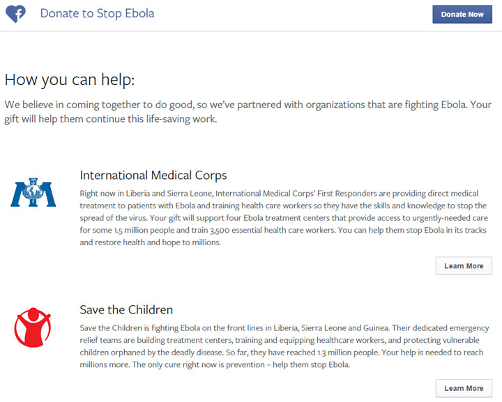 Facebook launches Ebola charity donation button - image