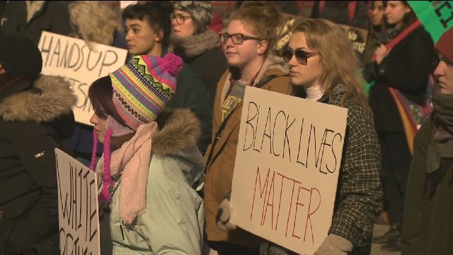 Edmonton protestors demand justice for Michael Brown following Ferguson grand jury’s decision not to indict the police officer who killed him.