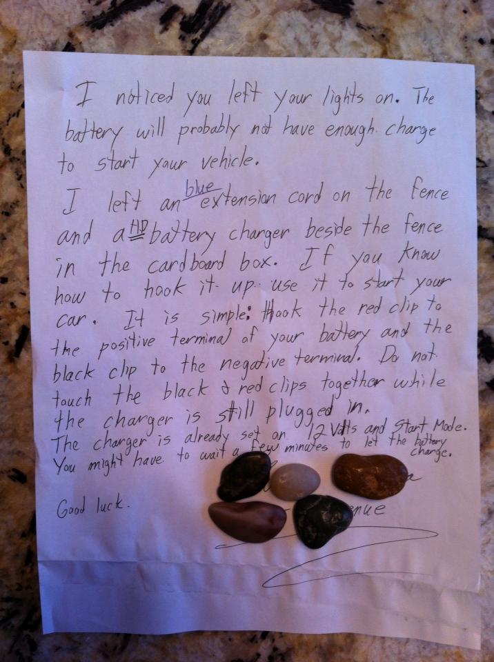 Thanks to this note, a drained car battery turned out to be the highlight of a U of A student’s day.