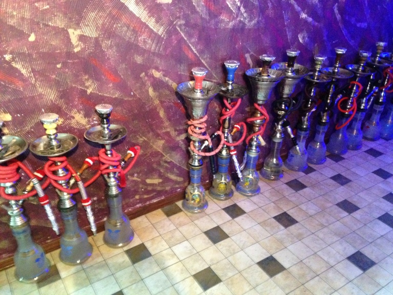 A row of hookah pipes in Aladdin Cafe.