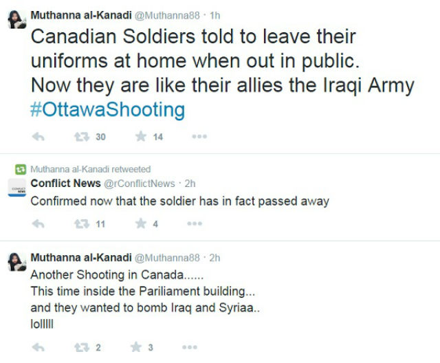 Tweets from @muthanna88, a suspended Twitter account associated with Ahmad Waseem, following the shooting in Ottawa on Oct. 22.