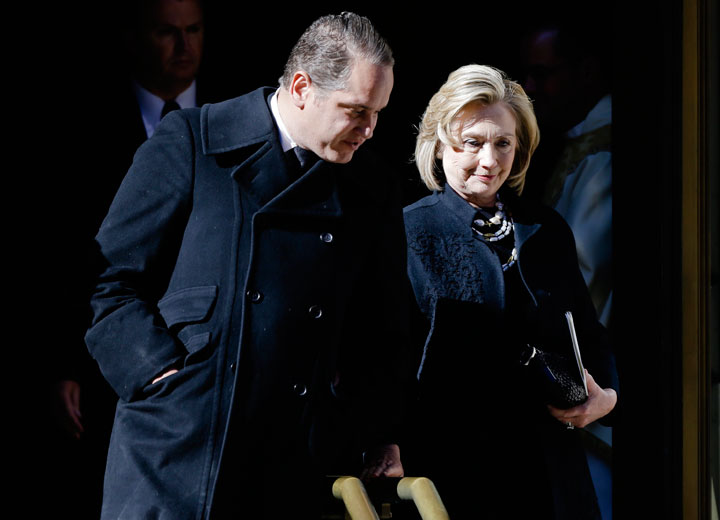 Hillary Rodham Clinton, right, leaves the Church of St. Ignatius Loyola on Manhattan’s Upper East Side after a private funeral for Oscar De la Renta, Monday, Nov. 3, 2014, in New York.