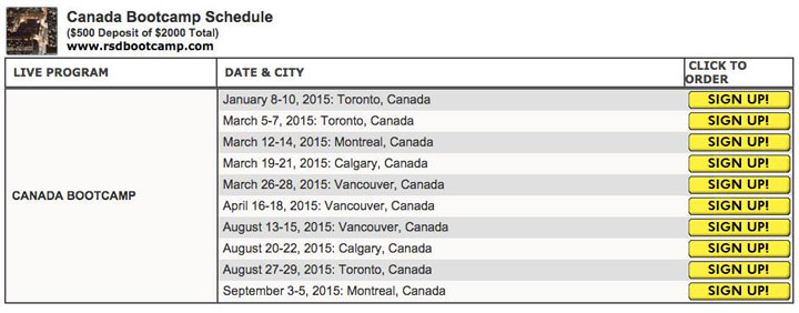 The list of Canadian “bootcamps” that appeared on the RSD website.