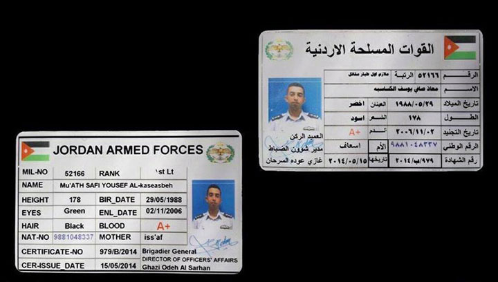 This image posted by the Raqqa Media Center of the Islamic State group, a militant extremist group, which has been authenticated based on its contents and other AP reporting, shows a photograph of the Jordanian military identity card of the pilot identifying him as Mu’ath Safi Yousef al-Kaseasbeh in Raqqa, Syria, Wednesday, Dec. 24, 2014. Islamic State group fighters shot down a warplane on Wednesday believed to be from the U.S.-led coalition over Syria and captured its pilot, activists said.