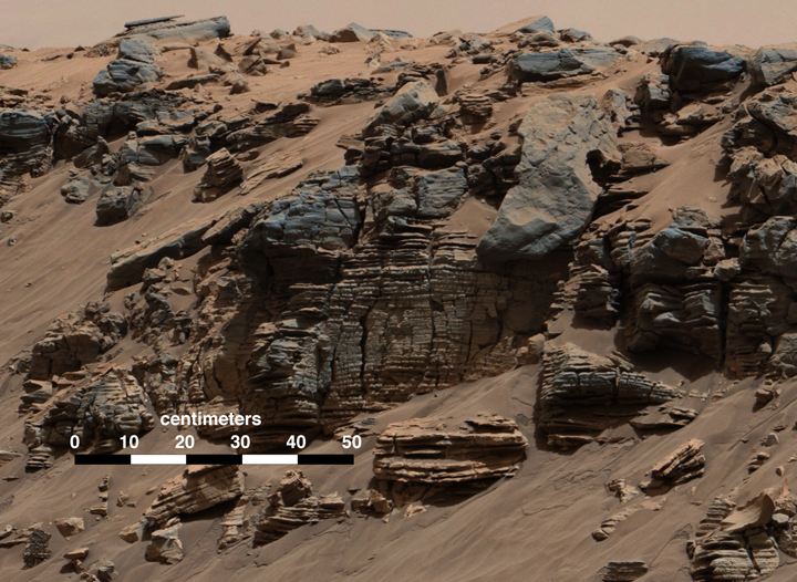 This evenly layered rock photographed by the Mast Camera (Mastcam) on NASA’s Curiosity Mars Rover on Aug. 7, 2014, shows a pattern typical of a lake-floor sedimentary deposit not far from where flowing water entered a lake.