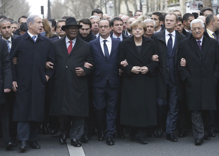 From the left, Israeli Prime Minister Benjamin Netanyahu, Malian President Ibrahim Boubacar Keita, French President Francois Hollande, German Chancellor Angela Merkel, EU president Donald Tusk and Palestinian Authority President Mahmoud Abbas march during a rally in Paris, France, Sunday, Jan. 11, 2015. 