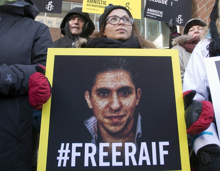Ensaf Haidar, wife of blogger Raif Badawi, takes part in a rally for his freedom, Tuesday, January 13, 2015 in Montreal. Badawi was sentenced last year to 10 years in prison, 1,000 lashes and a fine of one million Saudi Arabian riyals (about $315,000 Cdn) for offences including creating an online forum for public debate and insulting Islam.