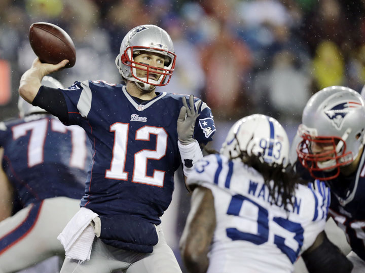 New England Patriots quarterback Tom Brady passes against the Indianapolis Colts during the second half of the NFL football AFC Championship game Sunday, Jan. 18, 2015, in Foxborough, Mass.