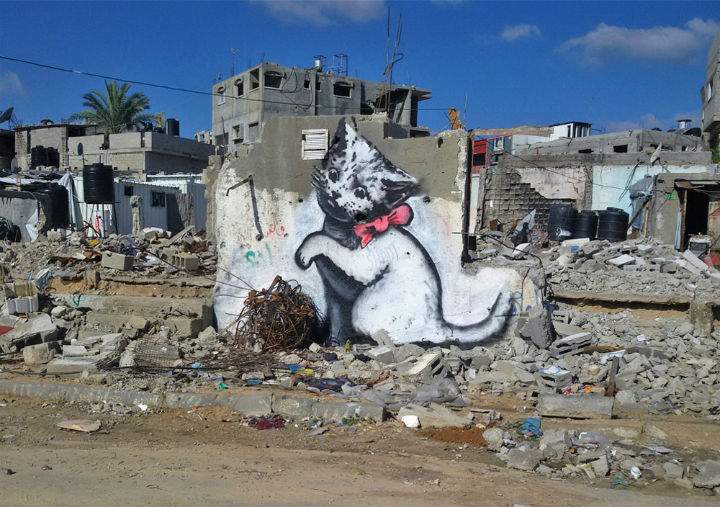 Artwork by anonymous street artist Banksy in the Gaza Strip.
