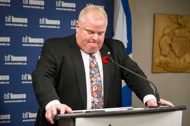 Former Toronto Mayor Rob Ford addresses media at City Hall in Toronto, Tuesday, Nov.5, 2013, when he admitted to smoking crack cocaine.
