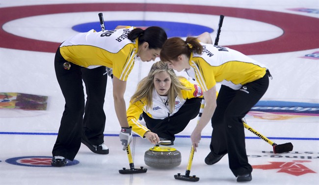 Manitoba skip Jennifer Jones makes a shot during a morning draw against P.E.I. at the Scotties Tournament of Hearts.