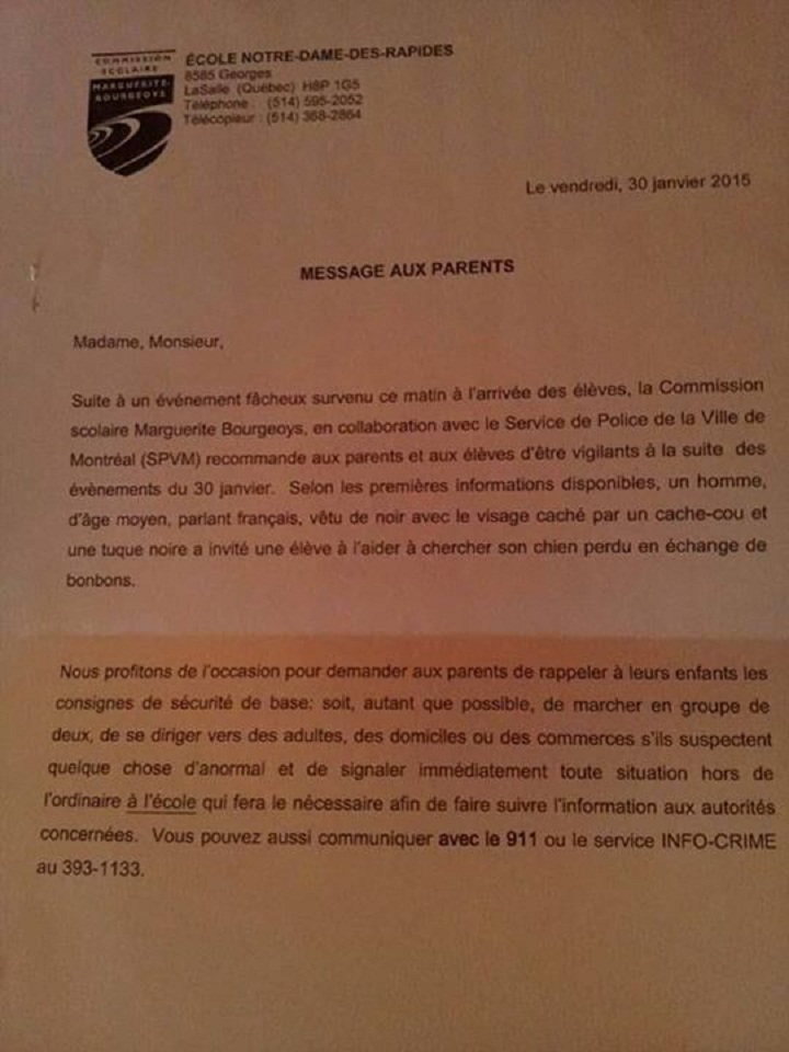 A letter sent to parents of children who attend a school in Lasalle, warning them of a possible predator.