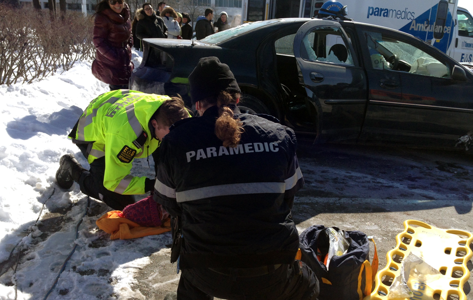 Paramedics conduct a simulation of what they encounter at an accident scene.