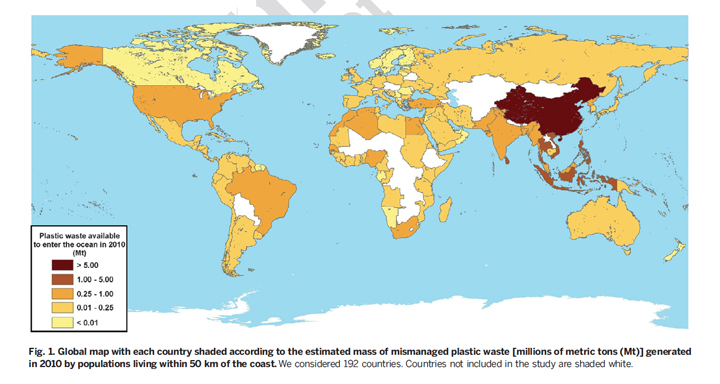 A map illustrating the estimated mass of plastic waste generated in 2010.