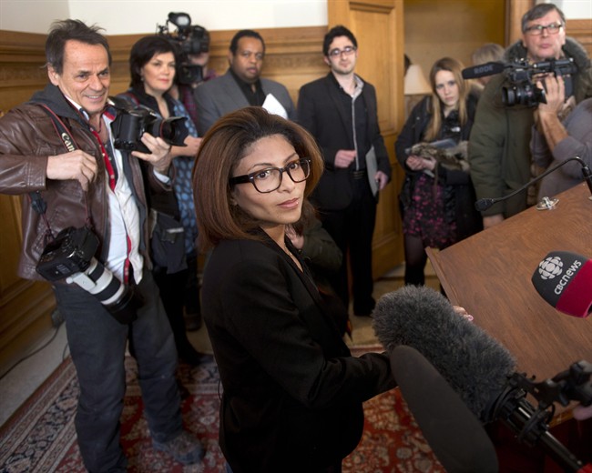Ensaf Haidar, wife of blogger Raif Badawi, speaks to the media at a news conference in Montreal on Monday, February 23, 2015. 