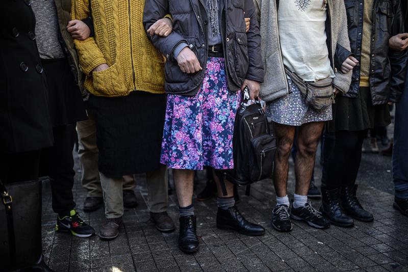Turkish men wearing skirts demonstrate in Istanbul, to support women’s rights in memory of 20-year-old Ozgecan Aslan, who was murdered after she resisted an alleged attempted rape in the southern city of Mersin, on February 21, 2015.