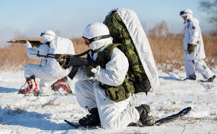 Russia's Arctic infantry rifle units during a military drill in the training area of the Far East Marshal K. Rokossovsky Military Command Academy.