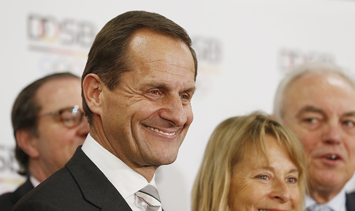 Alfons Hoermann, President of the German Olympic Sports Confederation DOSB smiles as he makes a statement to the media, after a meeting in Frankfurt, Germany, Monday, March 16, 2015. 