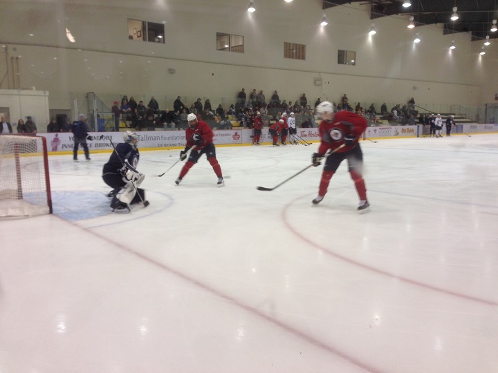 Dustin Byfuglien (left) and Tyler Myers at MTS Iceplex on Monday, March 16, 2015.