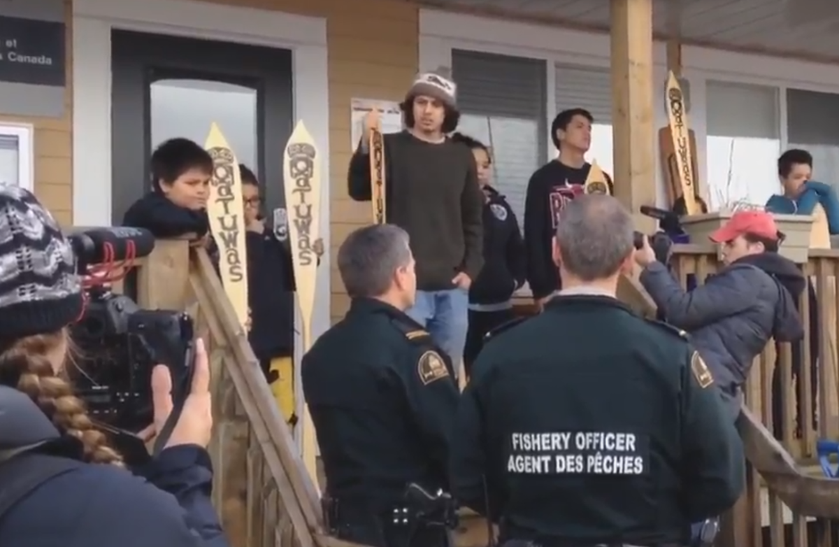 Members of the Heiltsuk Nation occupy the DFO building at Denny Island on March 29, 2015.