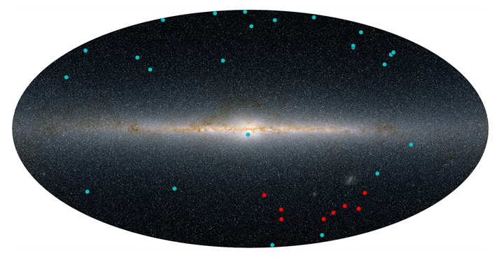 This illustration maps out the previously discovered dwarf satellite galaxies (in blue) and the newly discovered candidates (in red) as they sit outside the Milky Way.