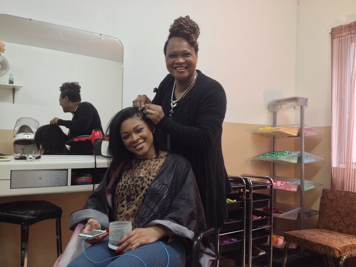 Lettia McNickle with her mother, Huelette McNickle, at the Hands of Blessings hair salon in Cote-des-Neiges.