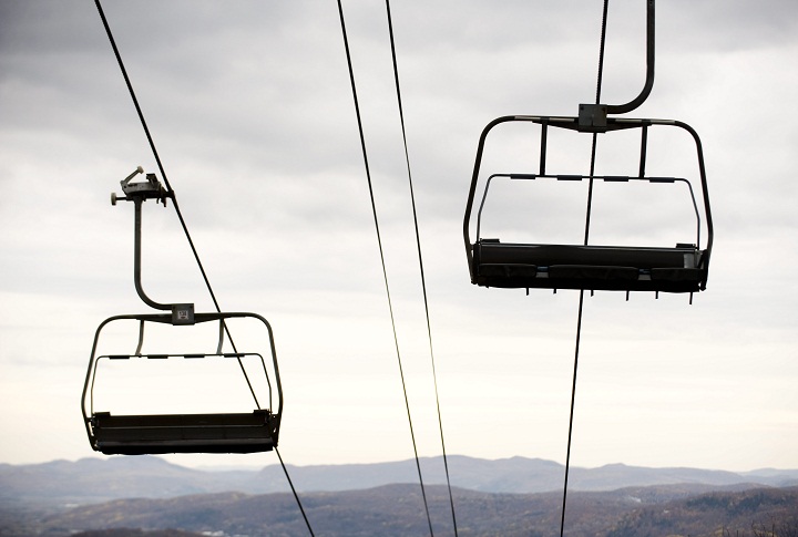 Chair lifts hang over the Laurentian mountains at Mont Tremblant, Que.