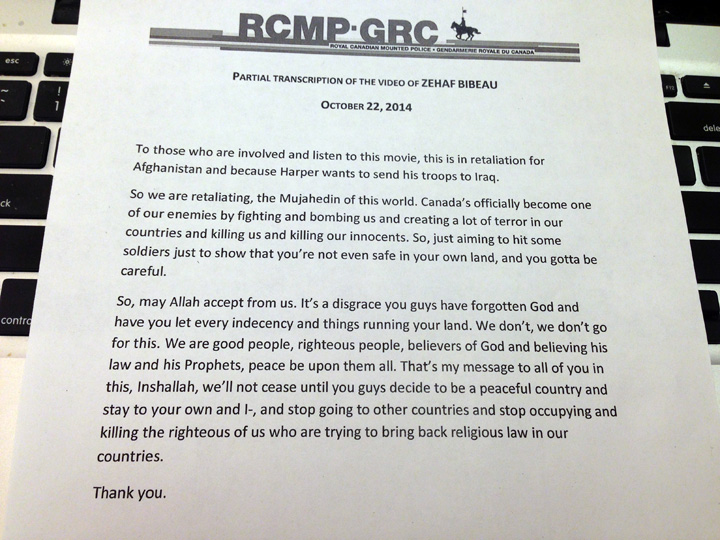 A partial transcript of the video made by Michael Zehaf Bibeau last October.