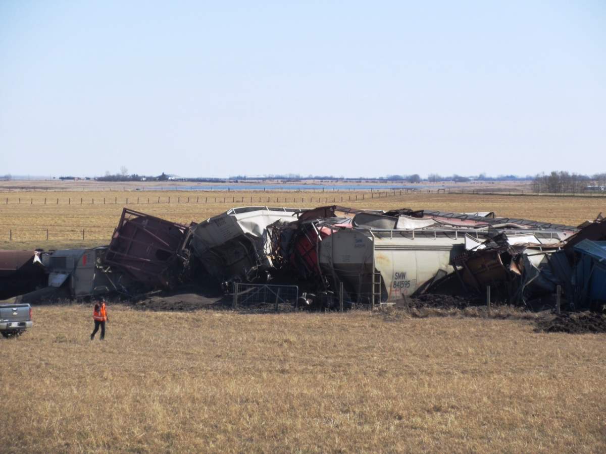 24 CN Rail train cars derailed in southern Alberta on Friday, April 10th, 2015. 