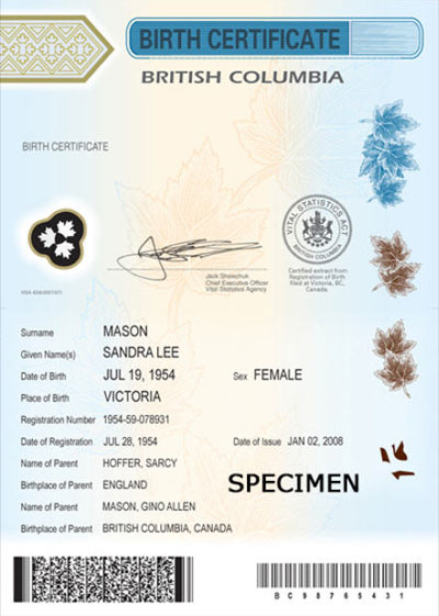 An example of a current British Columbia birth certificate