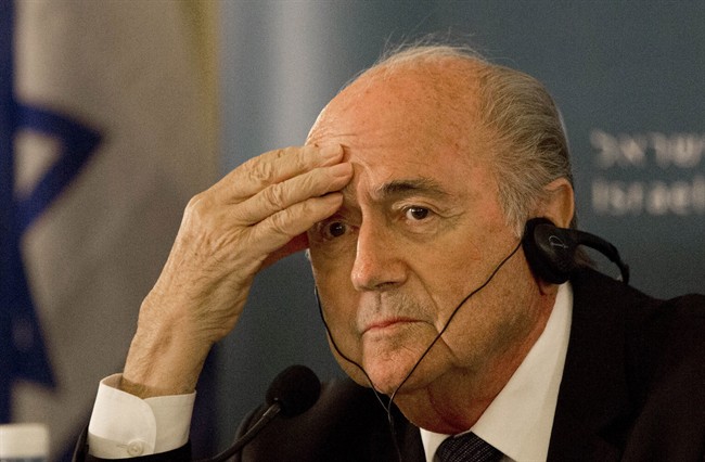 FILE - In this May 19, 2015 file photo FIFA President Sepp Blatter attends a press conference in Jerusalem. Blatter is seeking reelection at the FIFA congress in Zurich where six soccer officials were arrested and detained by Swiss police on Wednesday, May 27, 2015 pending extradition at the request of U.S. authorities after a raid at a luxury hotel.