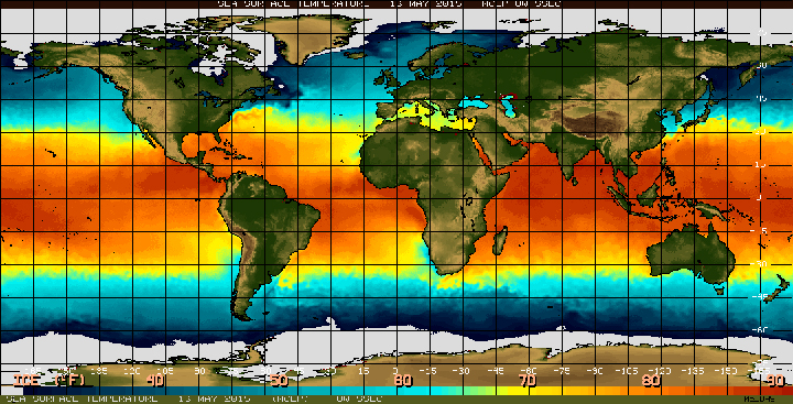 The sea surface temperature anomalies as of May 13, 2015.