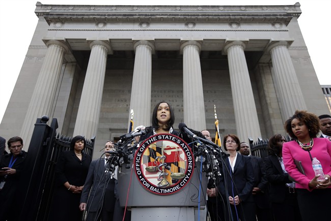 Marilyn Mosby, Baltimore state's attorney, speaks during a media availability, Friday, May 1, 2015 in Baltimore.