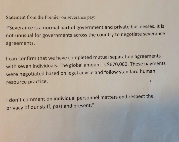 Image of paper statement issued by Premier Greg Selinger’s office on Friday, May 8, 2015