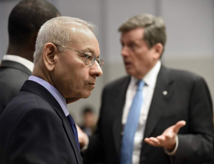 Alok Mukherjee (left) current chair of the Toronto Police Services Board and Toronto Mayor John Tory before the start of a Toronto Police Services Board meeting on April 2 2015.