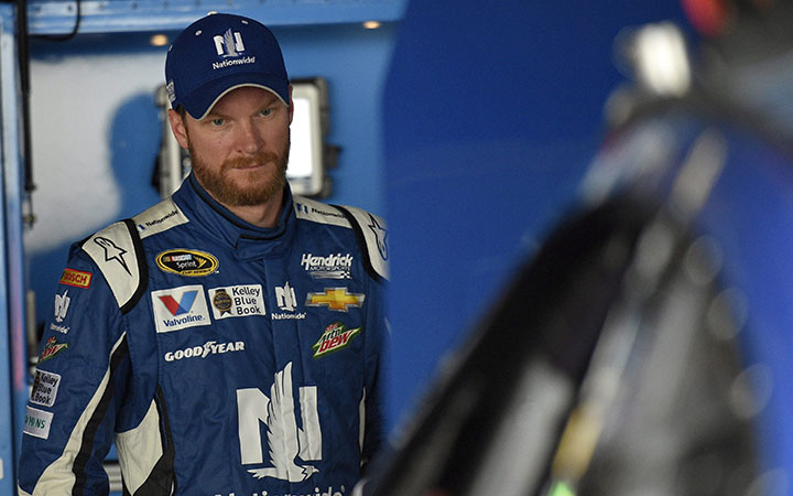 Dale Earnhardt Jr. looks on during practice, Friday, May 29, 2015, for Sunday's NASCAR Sprint Cup series auto race at Dover International Speedway in Dover, Del.