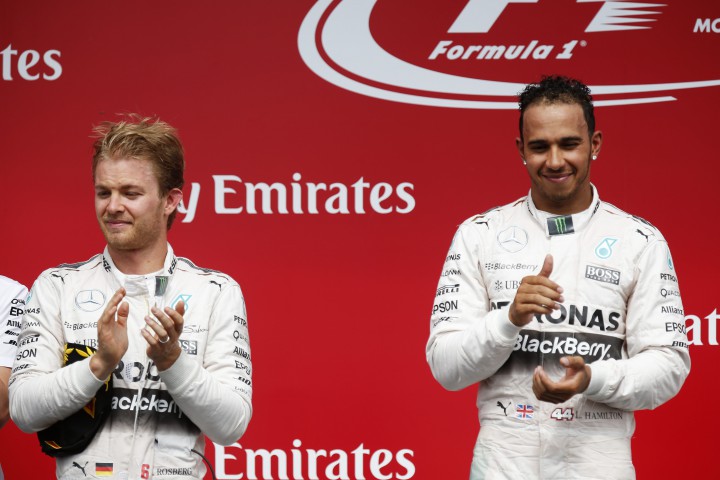 Nico Rosberg, Mercedes AMG and winner Lewis Hamilton, Mercedes AMG on the podium. Canadian Formula One 1 Grand Prix, Circuit Gilles Villeneuve, Montreal, Canada - 07 Jun 2015.