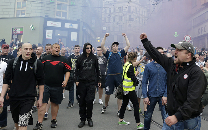 Protesters shout slogans during a far right demonstration in Brno, Czech Republic, Friday, June 26, 2015. 