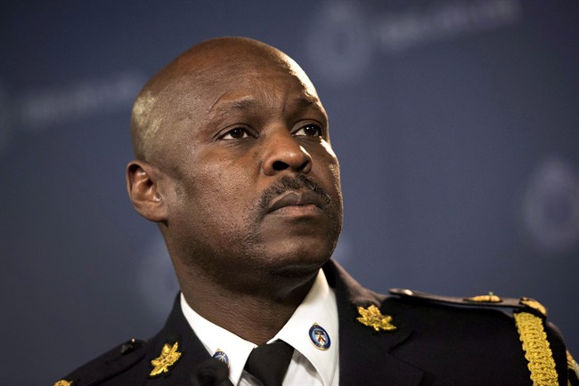 Mark Saunders speaks to reporters while being introduced at a press conference in Toronto on Monday, April 20, 2015. Just days after Toronto's mayor called for an end to the practice of randomly stopping and questioning residents in the streets, the city's new police chief says it can enhance public safety when done properly.