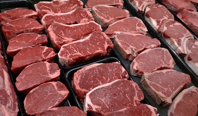 FILE: Steaks and other beef products are displayed for sale at a grocery store.