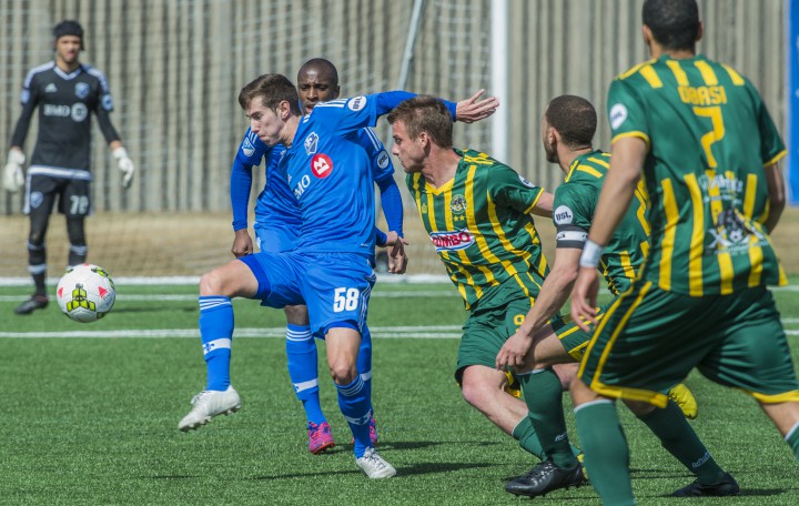 Louis Béland-Goyette in action with his team, FC Montreal.