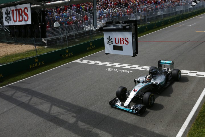 Lewis Hamilton, Mercedes F1 W06 Hybrid crosses the line to win the race. Canadian Formula One 1 Grand Prix, Circuit Gilles Villeneuve, Montreal, Canada - 07 Jun 2015.