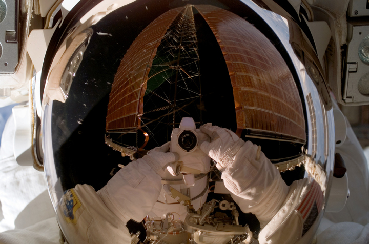 Astronaut Suni Williams takes a selfie during her February 2007 spacewalk.