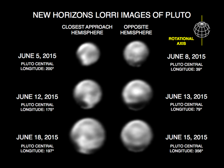 These images, taken by New Horizons' Long Range Reconnaissance Imager (LORRI), show numerous large-scale features on Pluto's surface. 