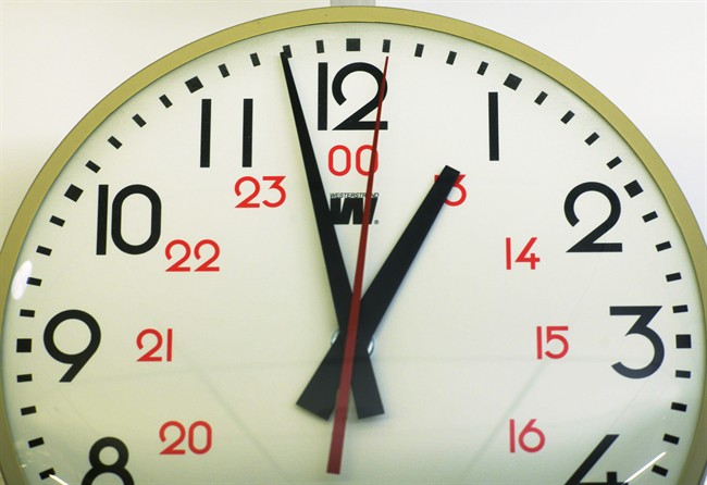 This June 30, 2015 photo shows the second hand of a clock sitting at the one-second mark.