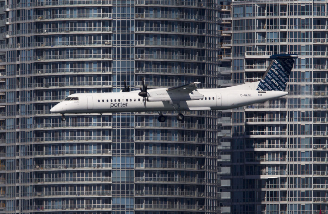 A Porter plane lands at Toronto's island airport.