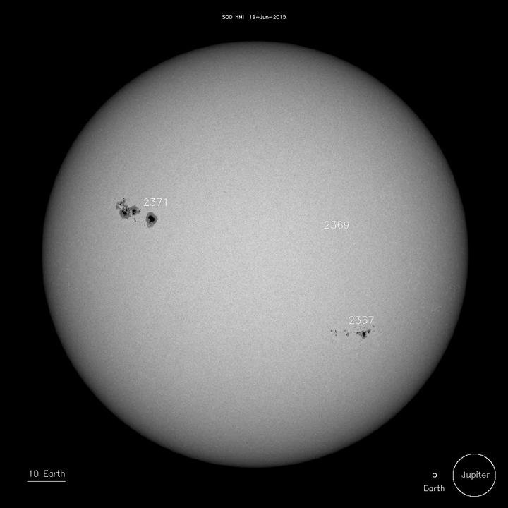 Sunspots visible on June 19, 2015. They can unleash solar flares which can then lead to coronal mass ejections.