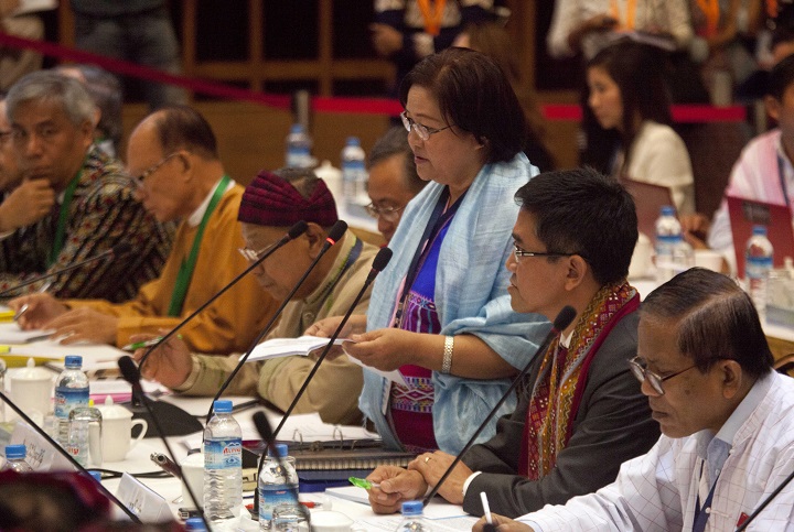 Naw Si Pho Ra Sein, general secretary of the Karen National Union, speaks during a peace meeting between Myanmar government's Union Peace Making Work Committee and armed ethnic minority groups at Myanmar Peace Center Wednesday, July 22, 2015, in Yangon, Myanmar.  (AP Photo/Khin Maung Win).