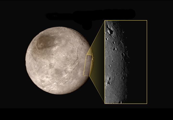 This new image of an area on Pluto’s largest moon Charon has a captivating feature — a depression with a peak in the middle, shown here in the upper left corner of the inset. The image was taken on July 14, about 1.5 hours before New Horizons’ closest approach to Pluto.